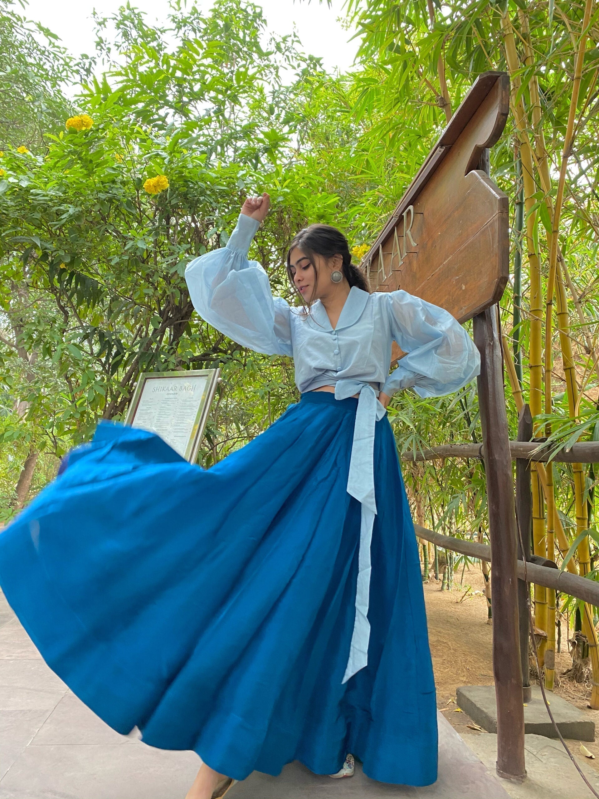 azure silk skirt set