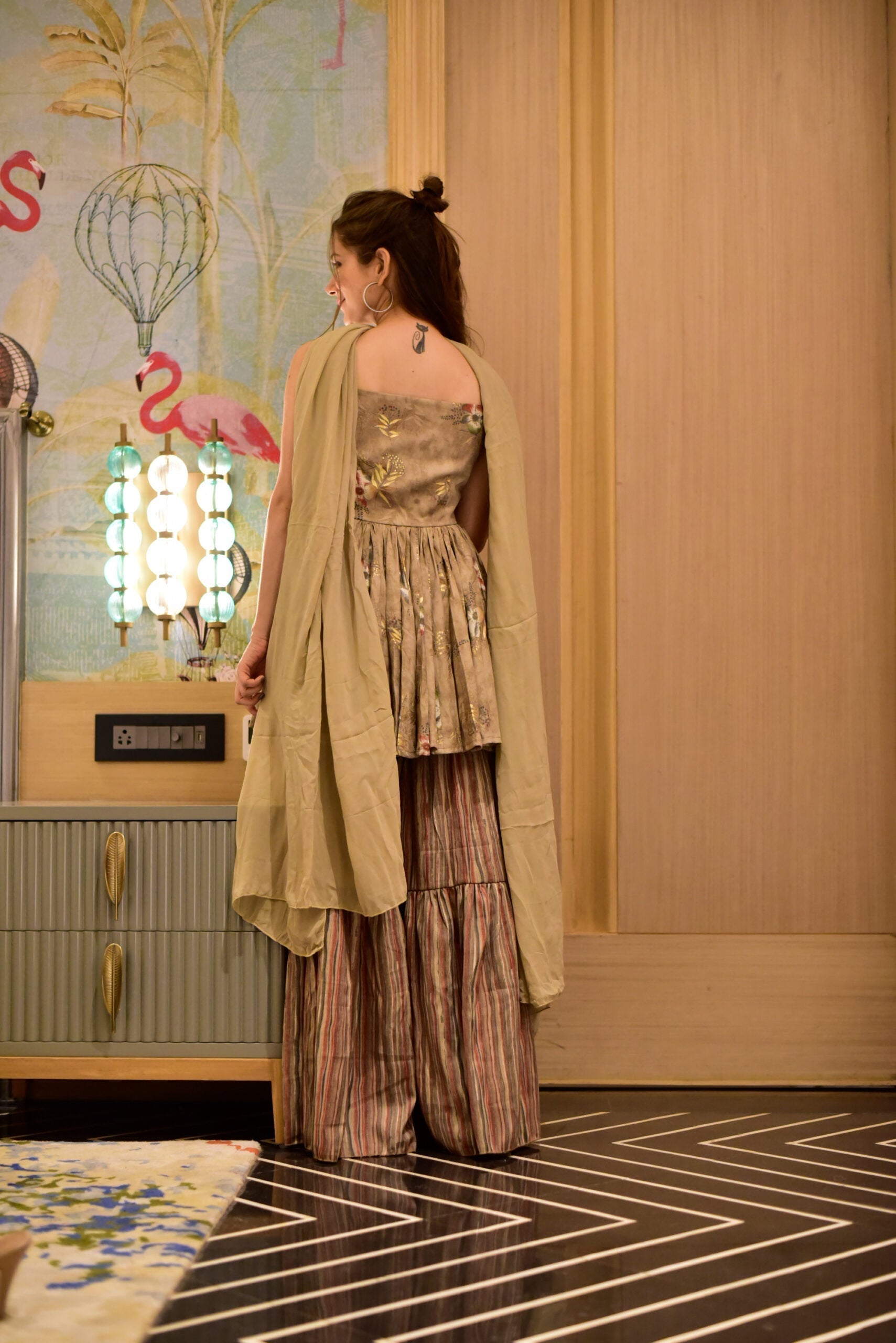 afiza light brown kurta sharara set