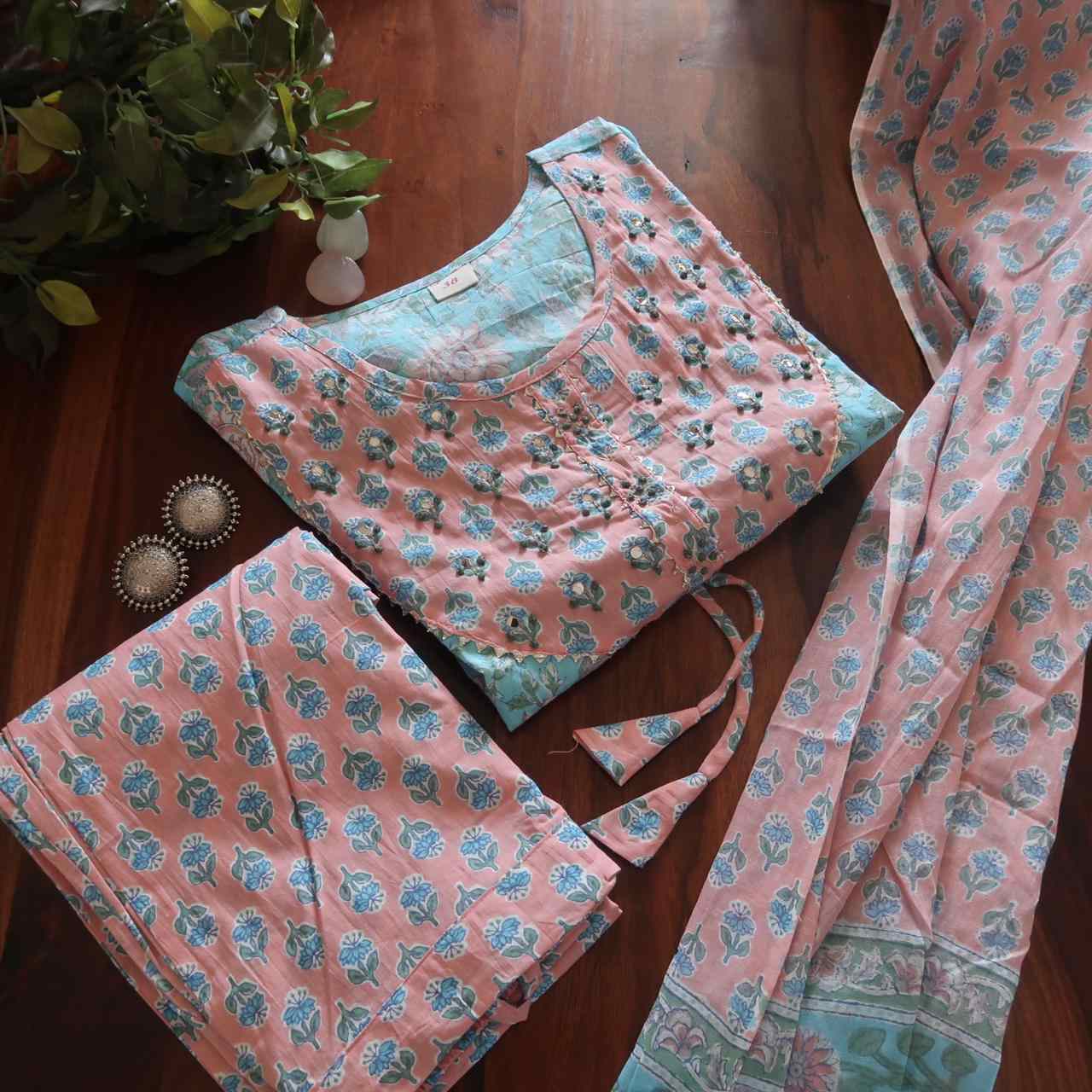 Floral Breathable Soft Sky Relaxing Fit Cotton Suit (3 piece)