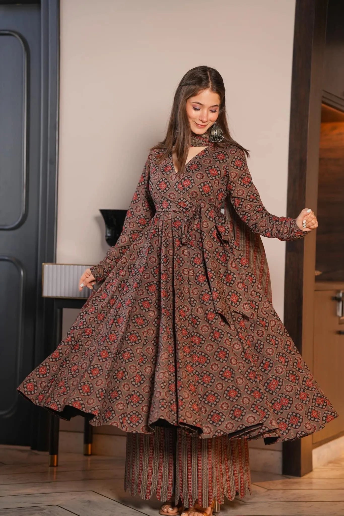Brown ajrakh print cotton suit set