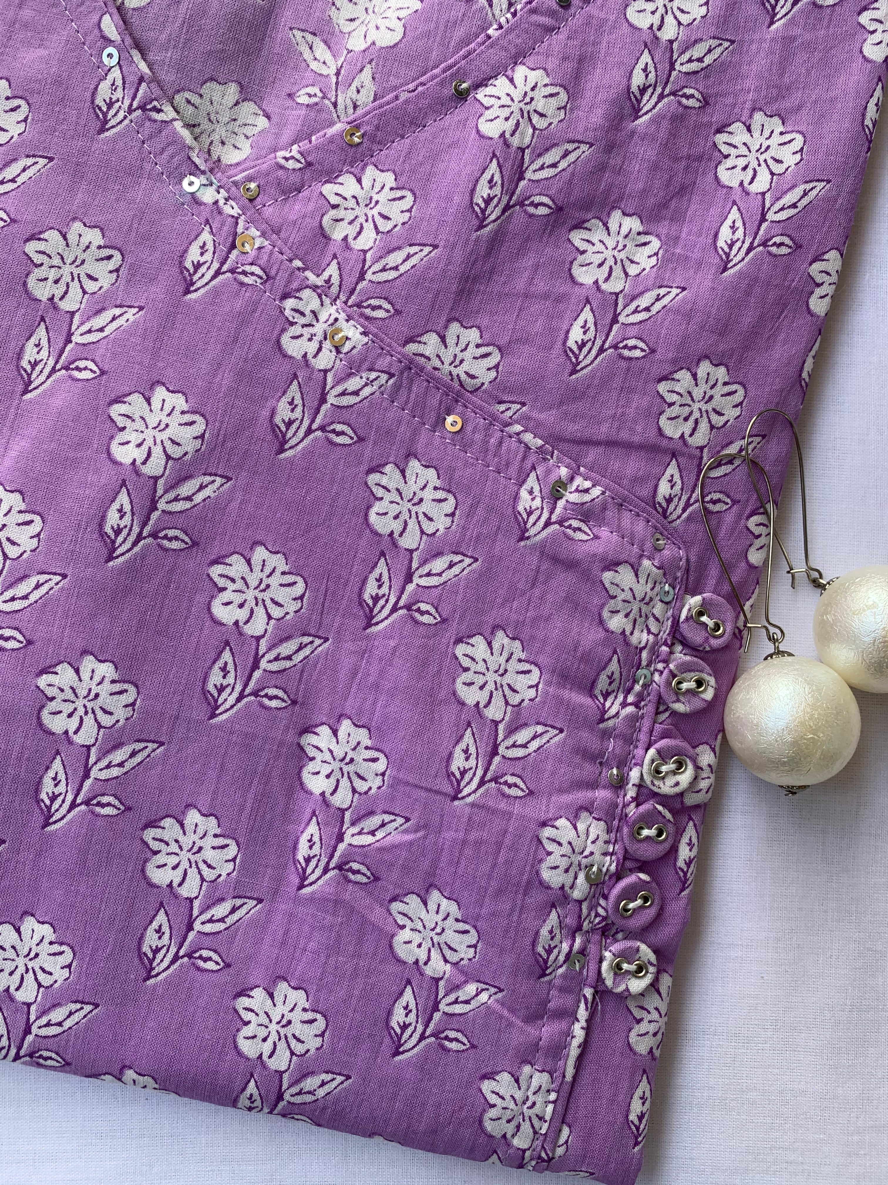 Hand Block Printed "Daisy" Lavender Angrakha Cotton Kurta