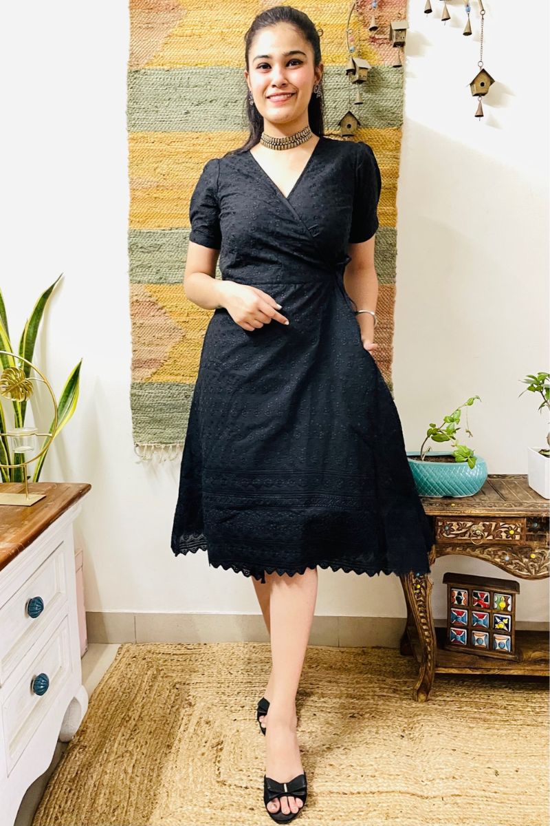 BLACK EMBROIDERED WRAP DRESS