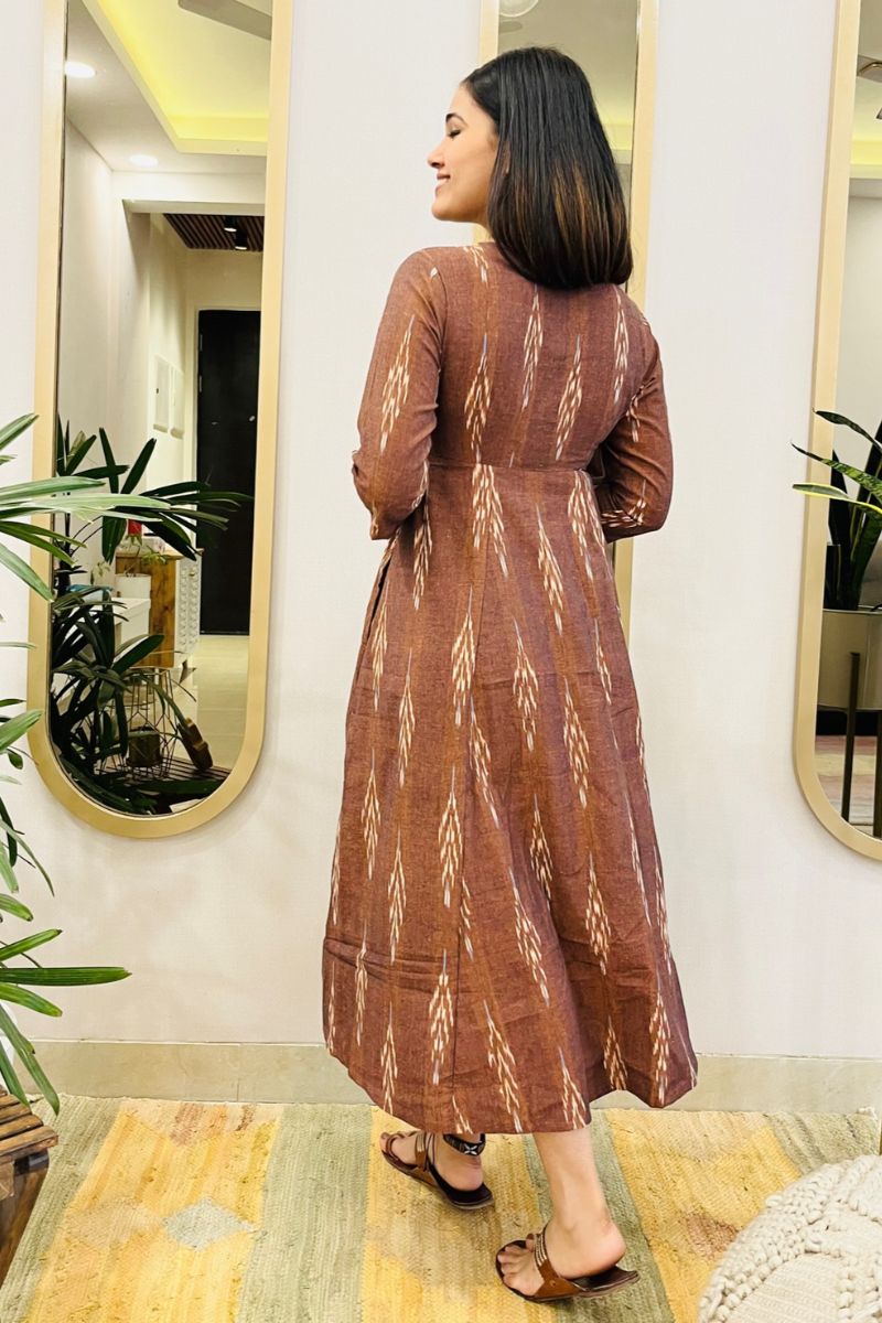 BROWN IKAT ANGRAKHA DRESS WITH YELLOW DETAIL