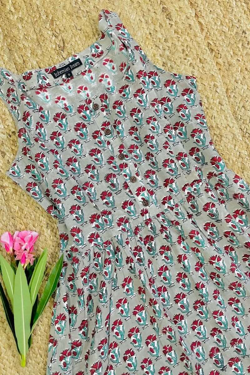 GREY HAND BLOCK PRINT MAXI DRESS