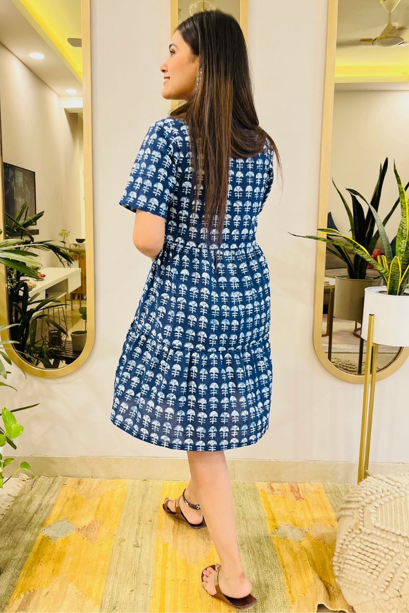 INDIGO BLOCK PRINT FLARED DRESS