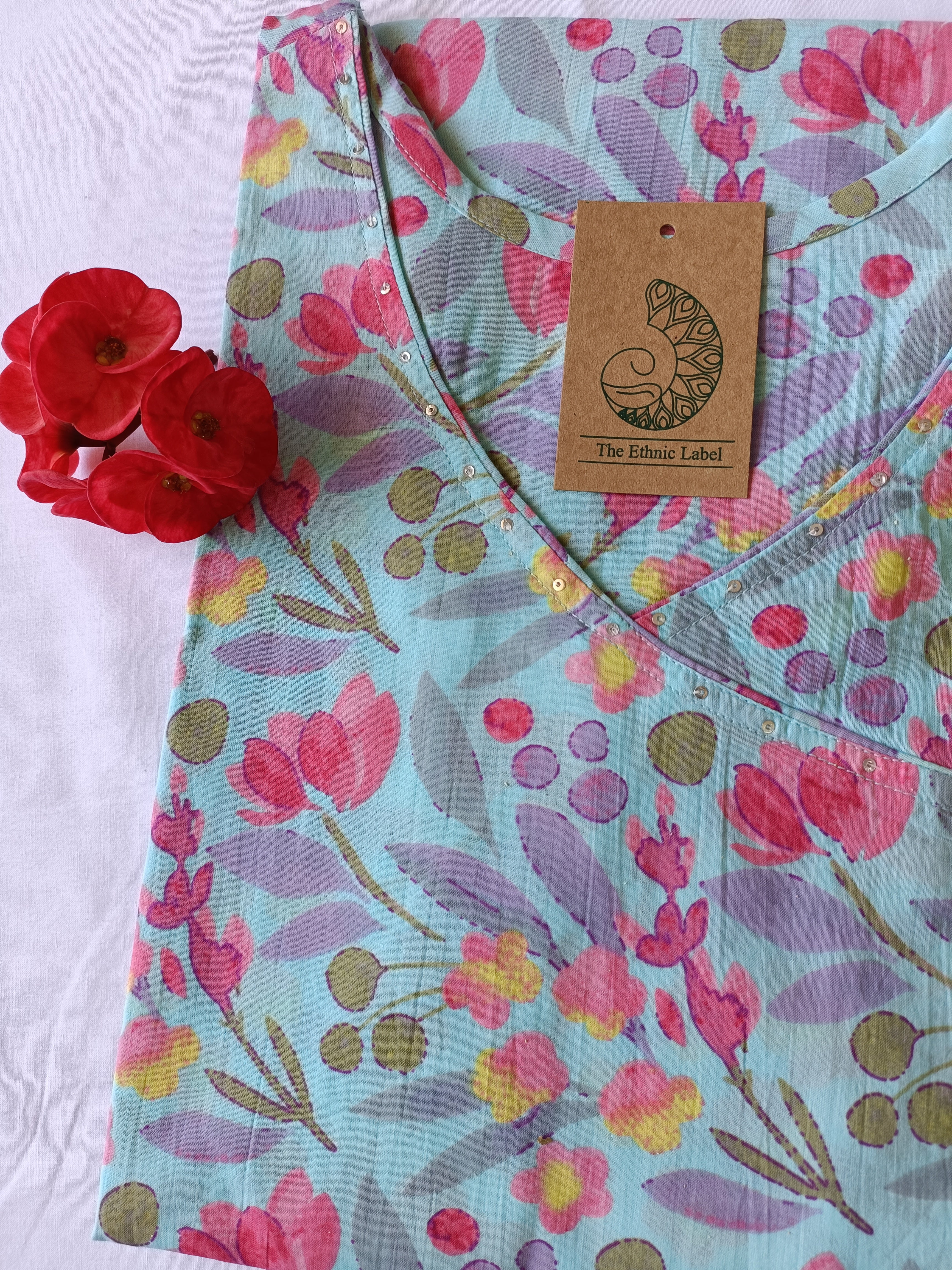 Blue Pink Jaal Angrakha Cotton Kurta