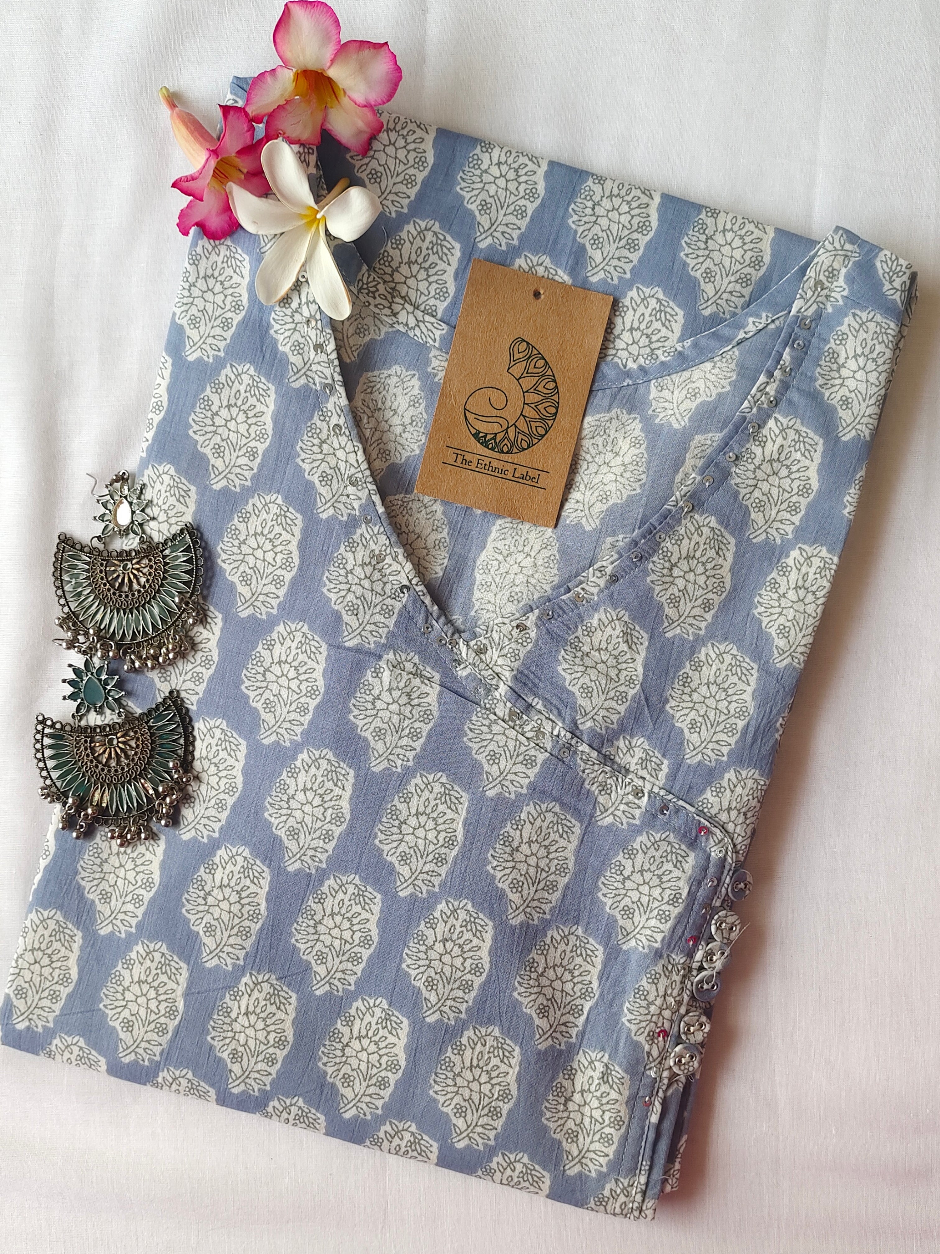 Grey Boota Angrakha Cotton Kurta